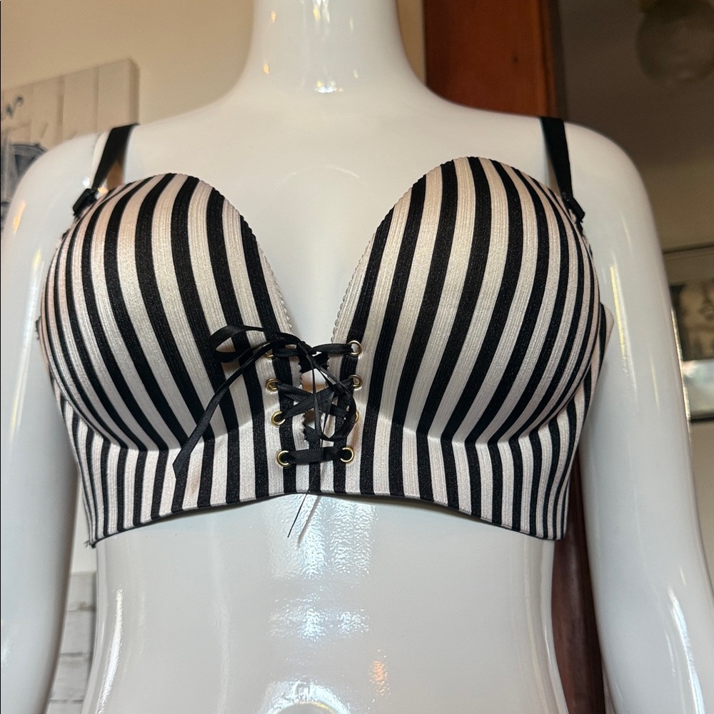 Striped Black and White Lace-Up Bra
